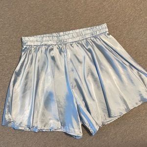PLT Light Blue Satin Flare Shorts